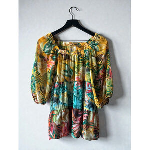 Fig & Flower Anthropologie Tropical Floral Peplum Top Puff Sleeve M